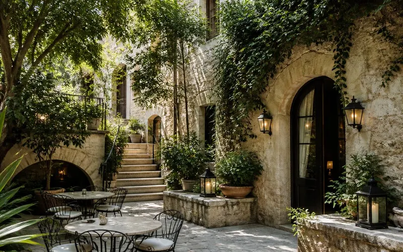 A small stone courtyard with climbing greenery, lanterns and a few wrought-iron cafe tables in dappled afternoon light.