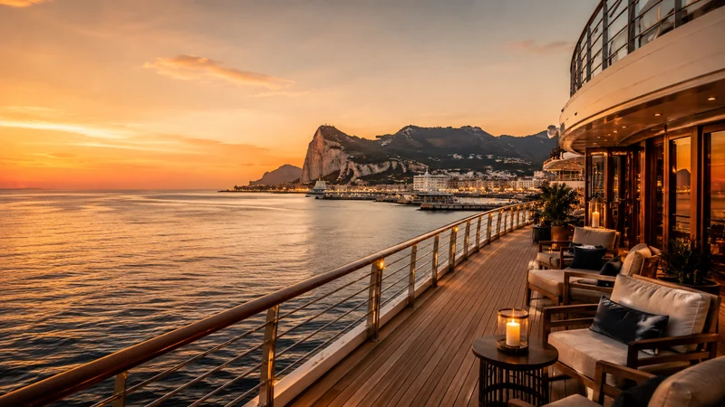 Luxury cruise deck overlooking a coastal destination at sunset