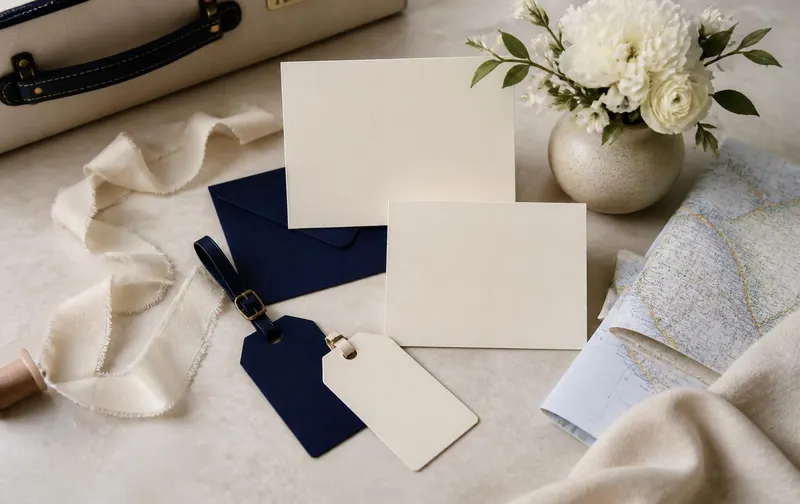 A calm planning vignette: blank unbranded cards, navy and ivory luggage tags, a folded map, ribbon and a small vase of white flowers on pale stone.
