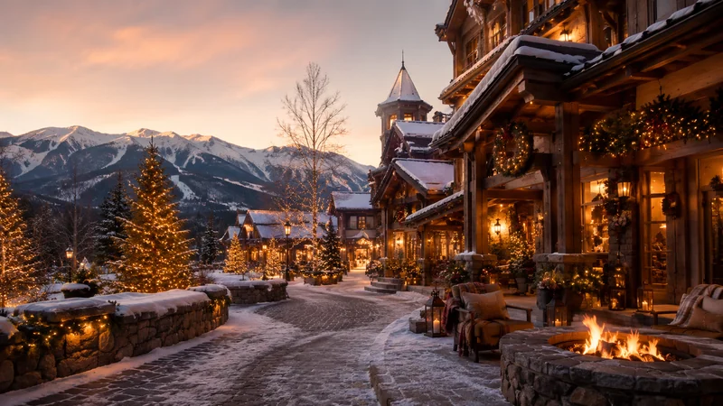 Snowy mountain resort village decorated for the winter holidays