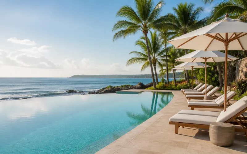 A beachfront infinity pool edged with loungers and pale umbrellas, palms alongside and calm ocean just beyond.