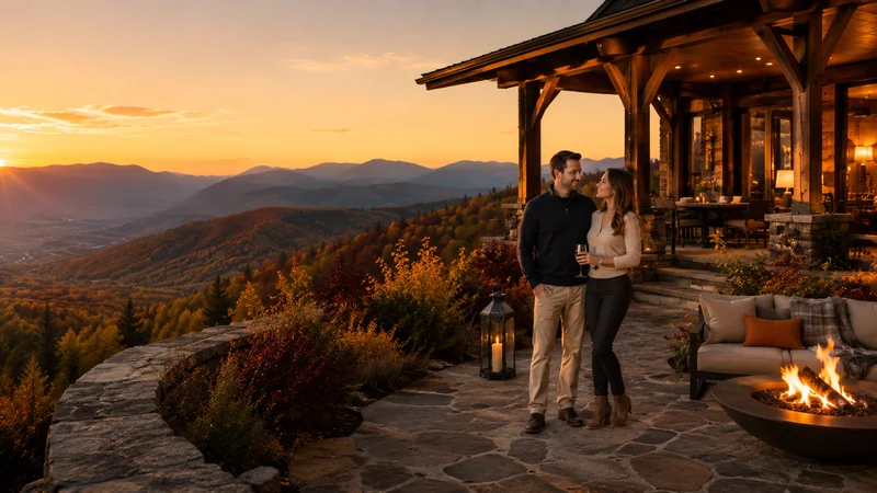 Couple enjoying an autumn mountain retreat at sunset