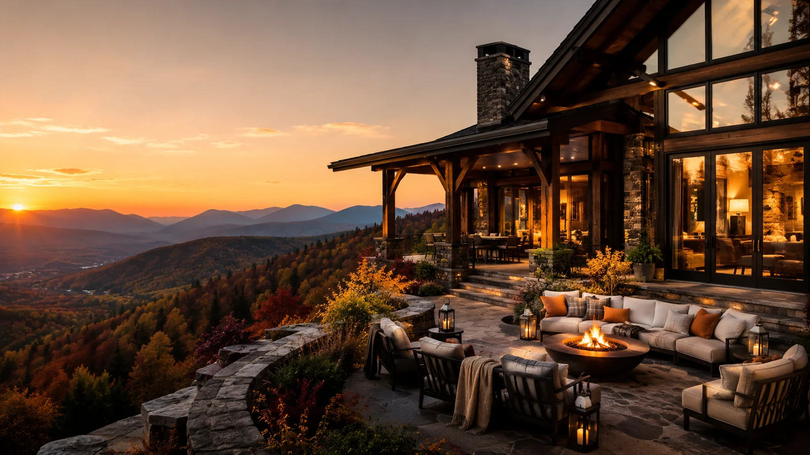 Luxury autumn mountain lodge overlooking fall foliage at sunset