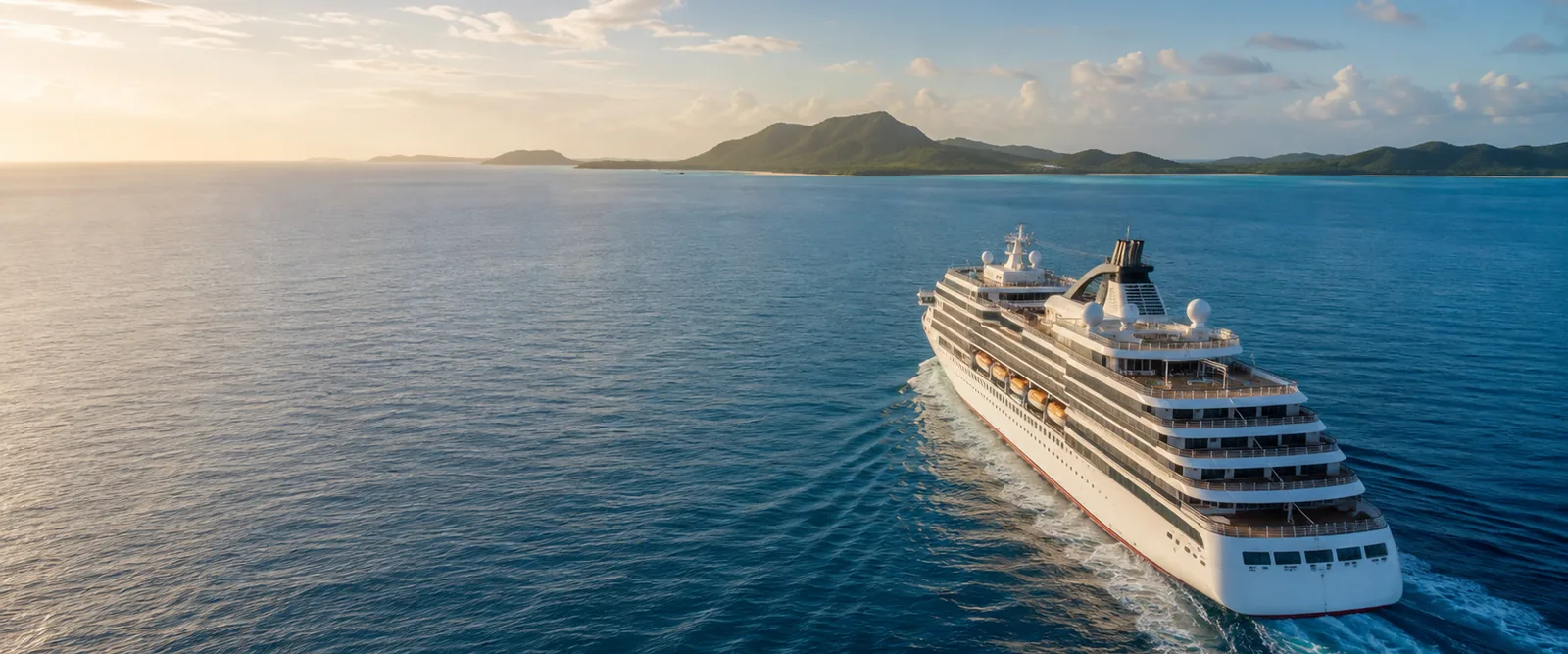 A white cruise ship sailing across calm blue open water at sunrise, with a green mountainous coastline on the horizon.