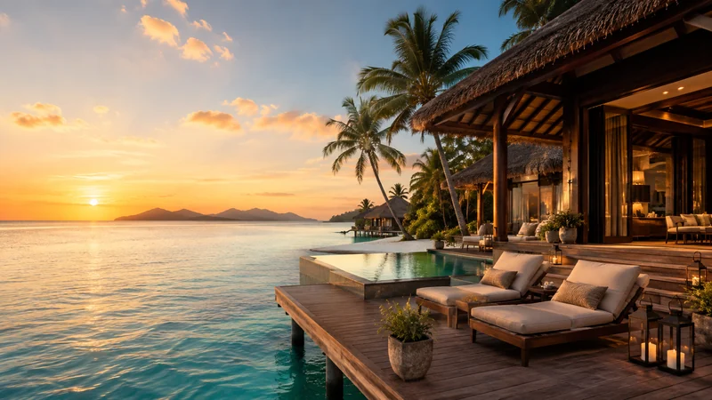 Luxury tropical waterfront villa overlooking turquoise water at sunset