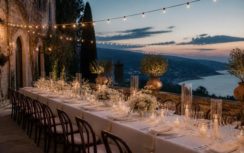 A long celebration table set outdoors at dusk under warm string lights, with ivory linens, candles and simple white florals.