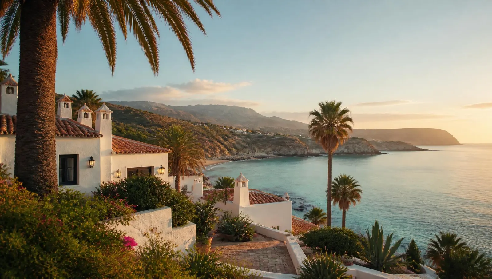 A quiet coastal resort at golden hour: low white buildings with terracotta roofs among palms above a calm turquoise bay.