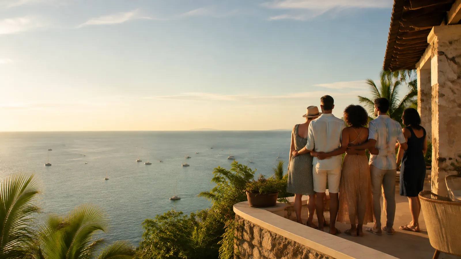 A small group of friends standing together on a stone terrace, arms around one another, looking out over a calm bay at sunset.