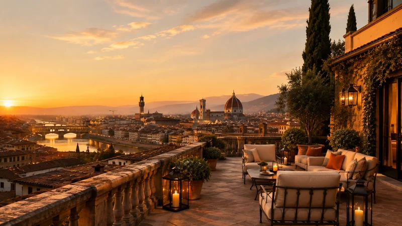 European city skyline viewed from an elegant terrace at golden hour