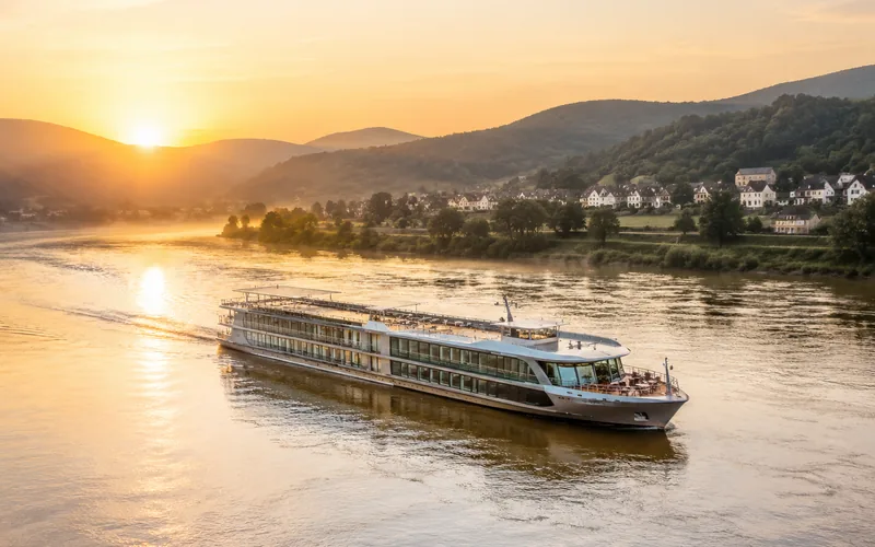A long low river cruise vessel with wide glass windows moving along a European river at sunrise, past a hillside village of pale houses.