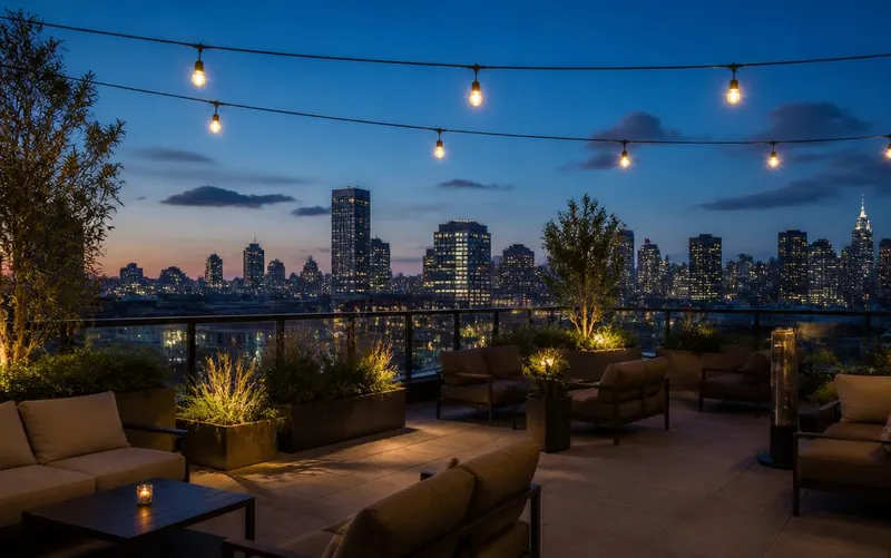 A rooftop terrace with low lounge seating, planters and warm string lights above a city skyline at blue hour.