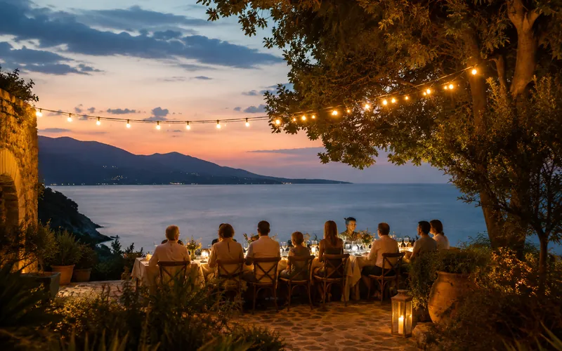 A long outdoor dinner table of guests seated together under string lights on a terrace above the water at dusk.