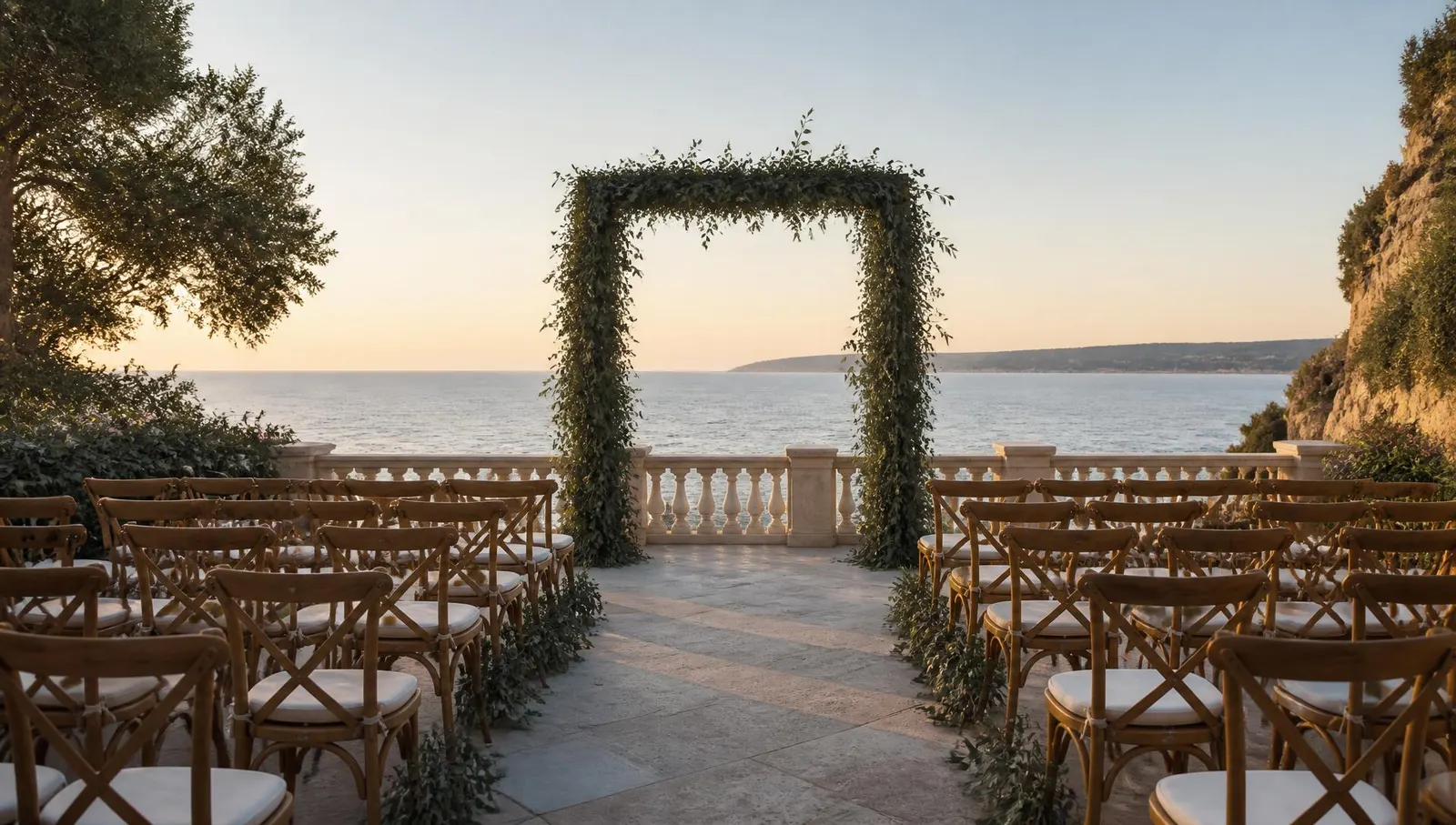 An open-air ceremony setting at golden hour: rows of simple wooden chairs facing a plain greenery arch on a stone terrace above a calm sea.