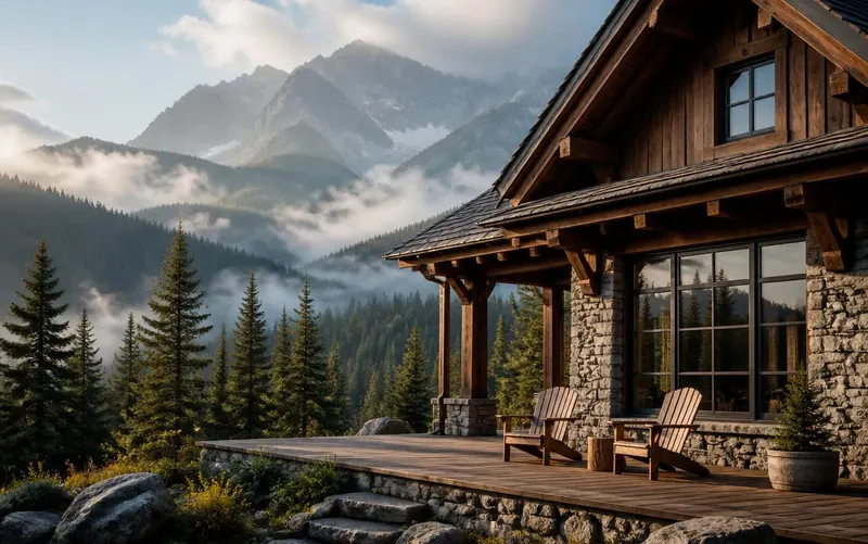 A timber and stone lodge deck with simple chairs, facing pine forest and mist-wrapped mountain peaks in morning light.