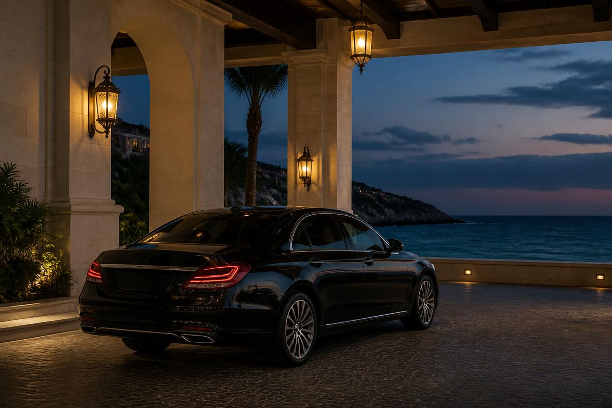 A polished private transfer sedan waiting under a coastal resort portico at dusk.