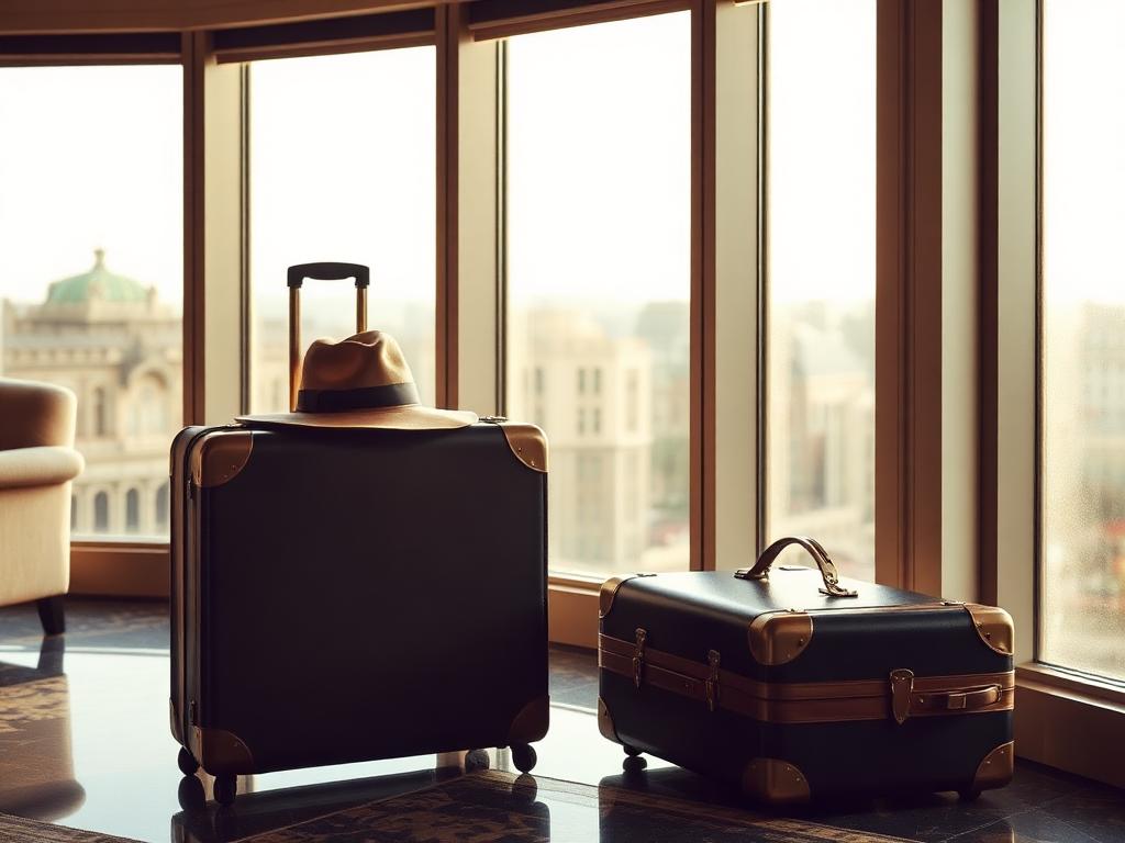 Elegant vintage luggage beside tall windows in a calm hotel lobby