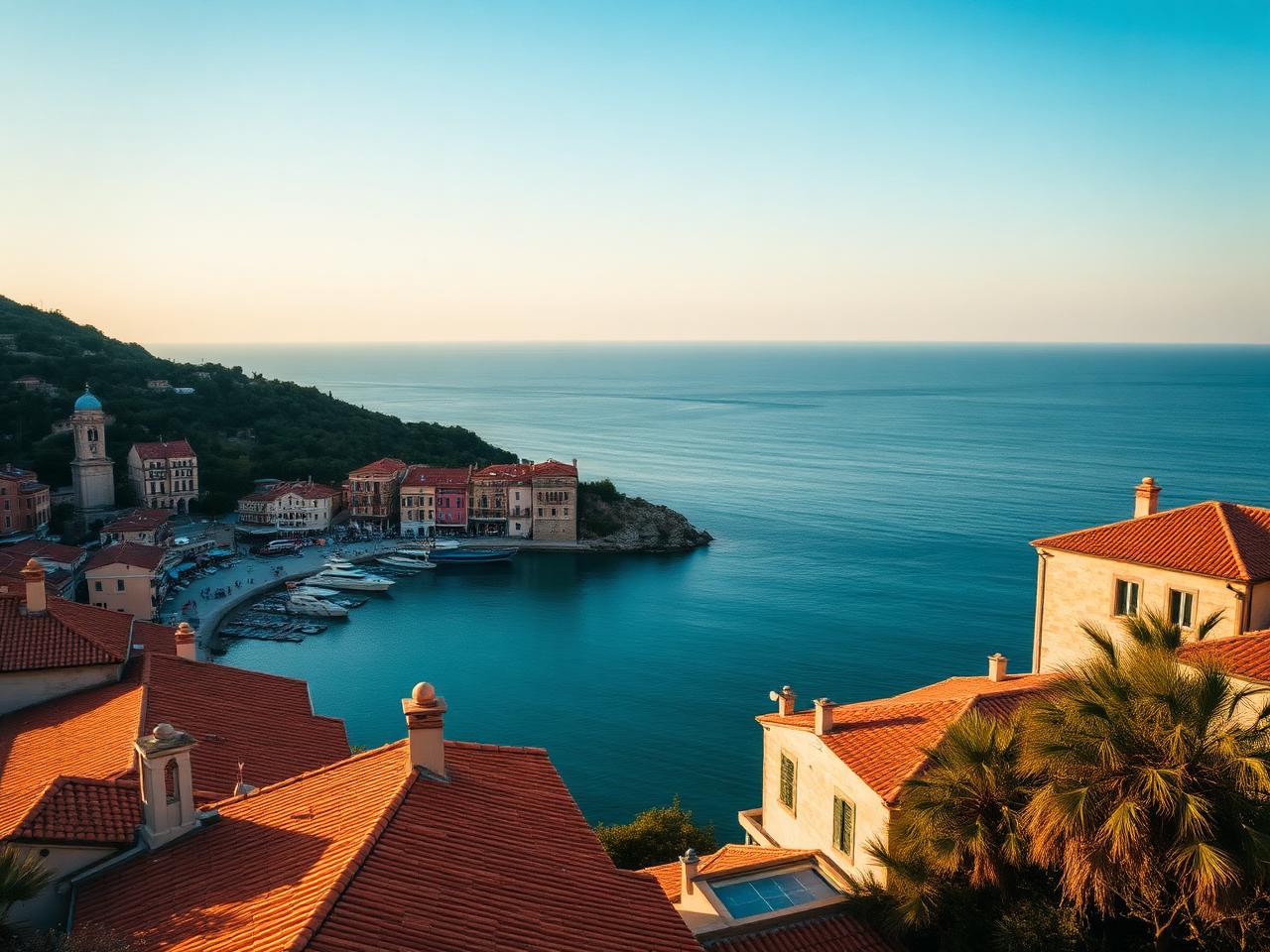 Coastal village above a calm bay at golden hour