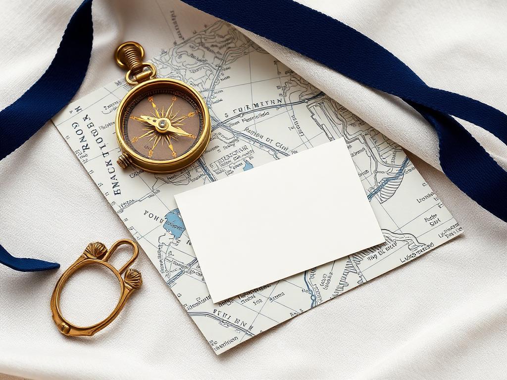 Brass compass and folded route maps on cream linen with navy ribbon