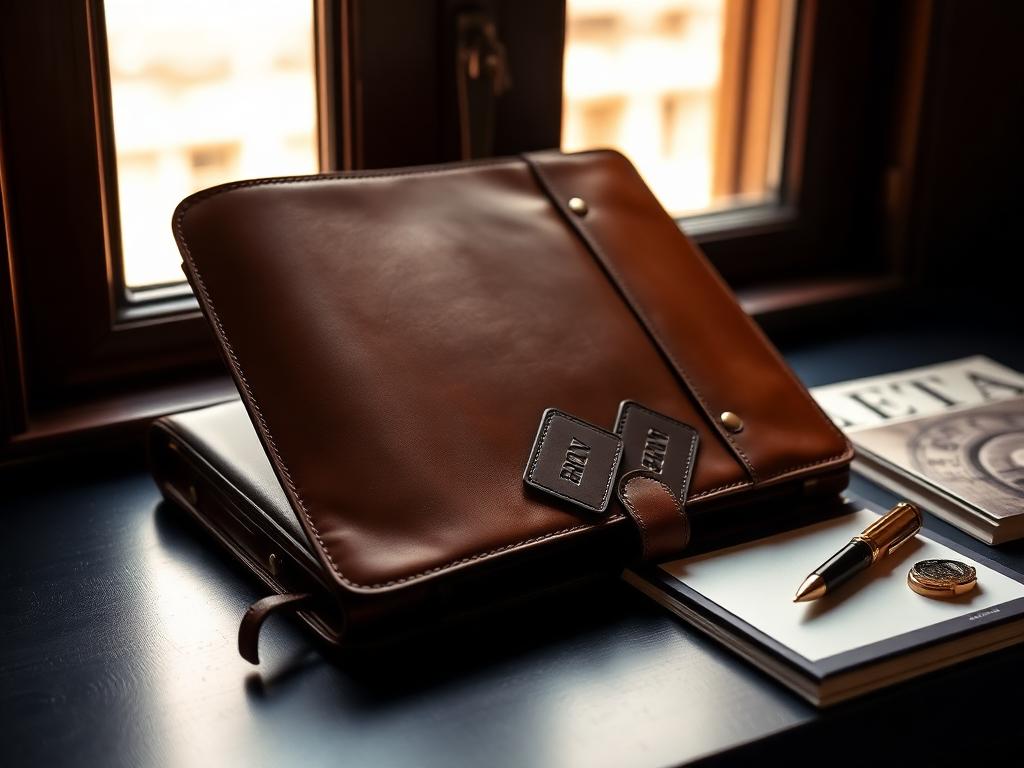 Leather portfolio, embossed luggage tags and a fountain pen on a navy desk