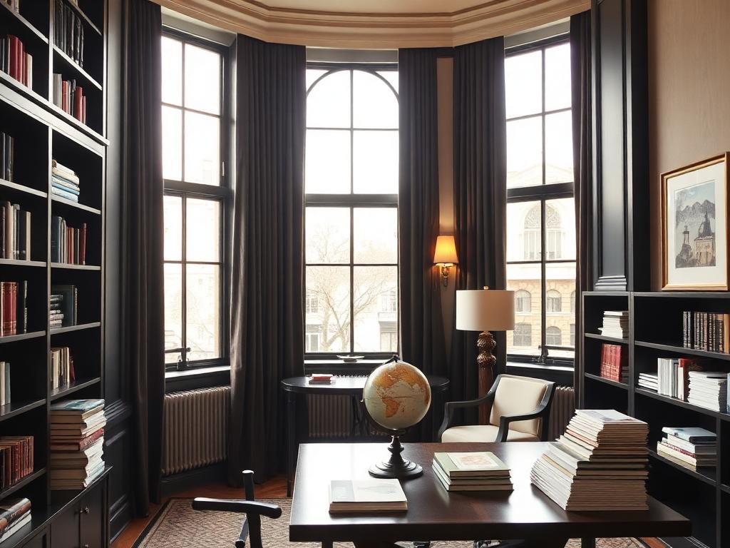 Quiet study with tall windows, dark shelving, a globe and stacked documents