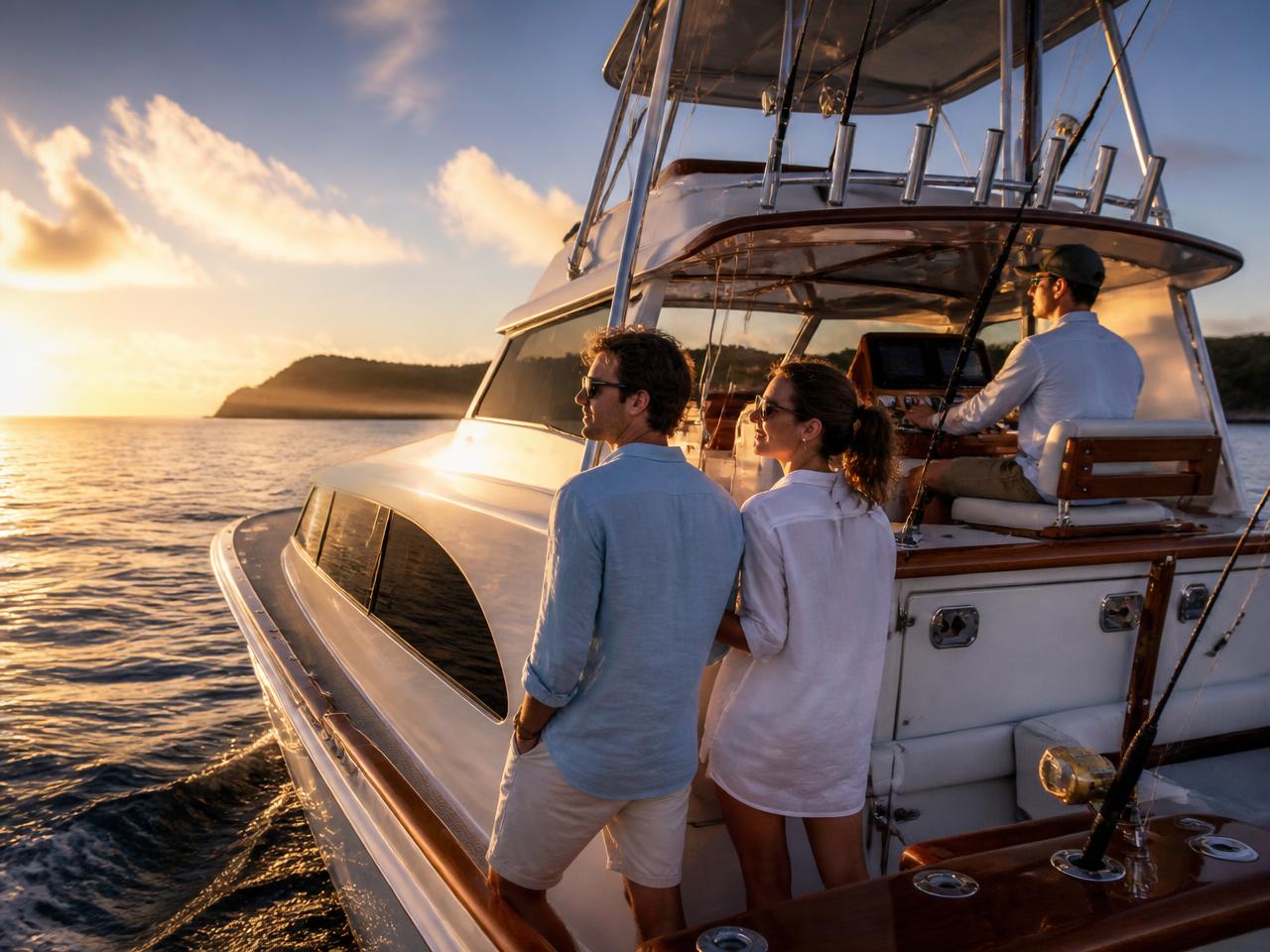 A polished offshore charter boat with a professional guide and travelers at golden hour.