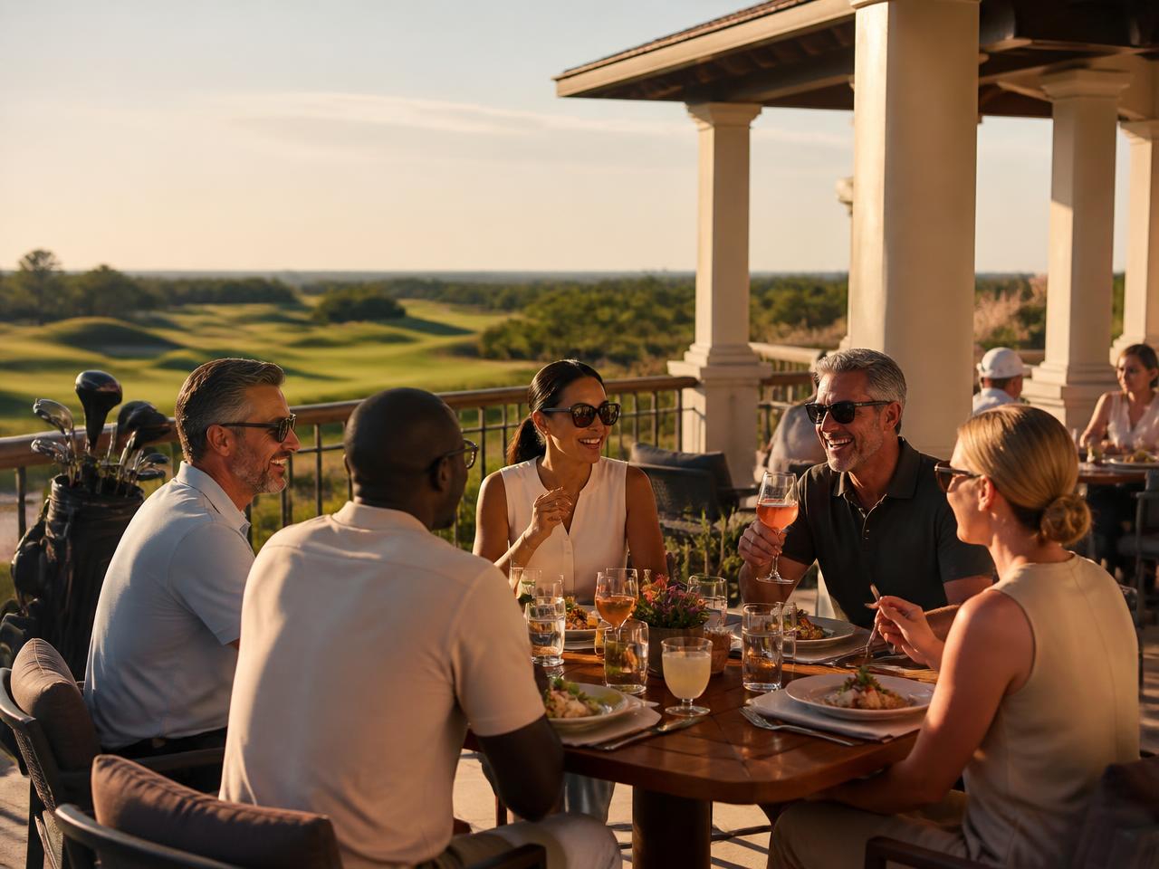 Travelers enjoying a post-round terrace lunch at a luxury golf resort clubhouse.
