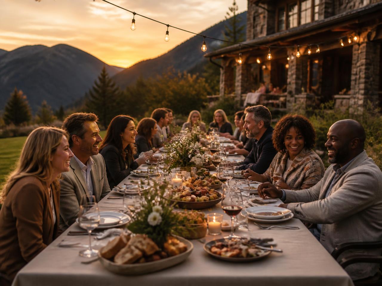 A long outdoor dinner table at sunset beside a mountain lodge with a diverse group of travelers.