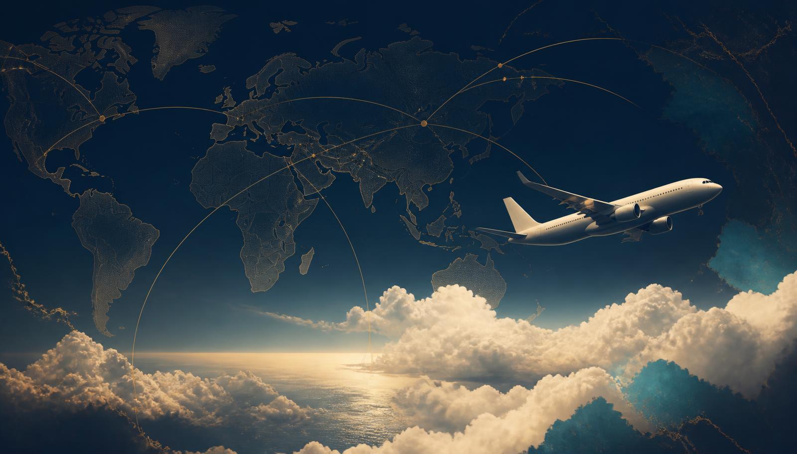 An airliner above soft clouds with gold route arcs tracing across a deep navy sky.