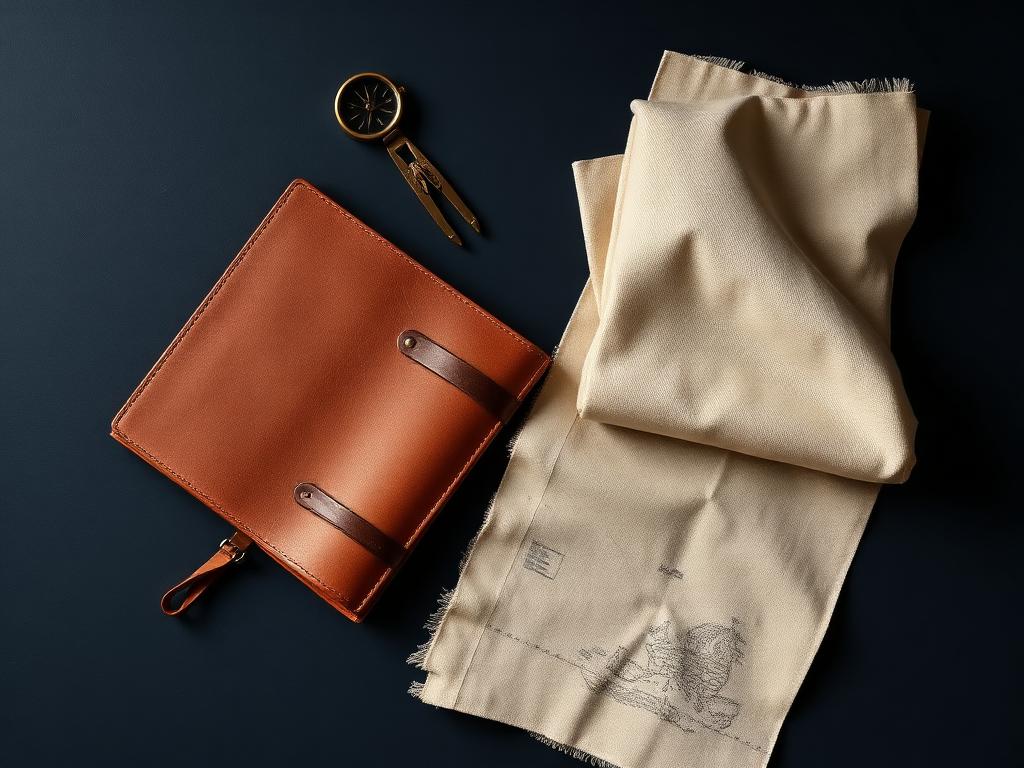 Leather notebook, brass compass and a folded map on a deep navy surface