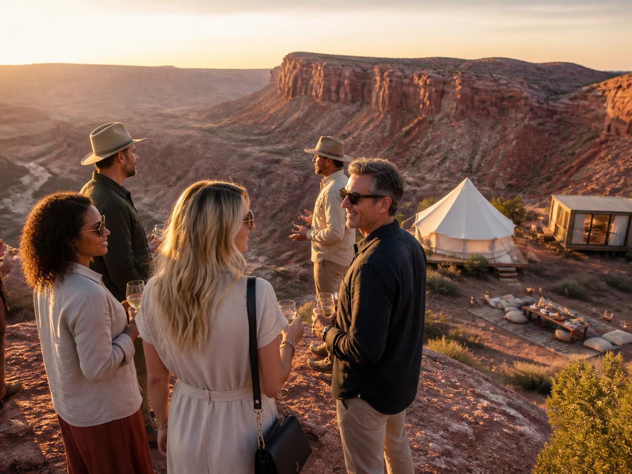 A guided small group of travelers at a canyon overlook beside a luxury glamping camp.