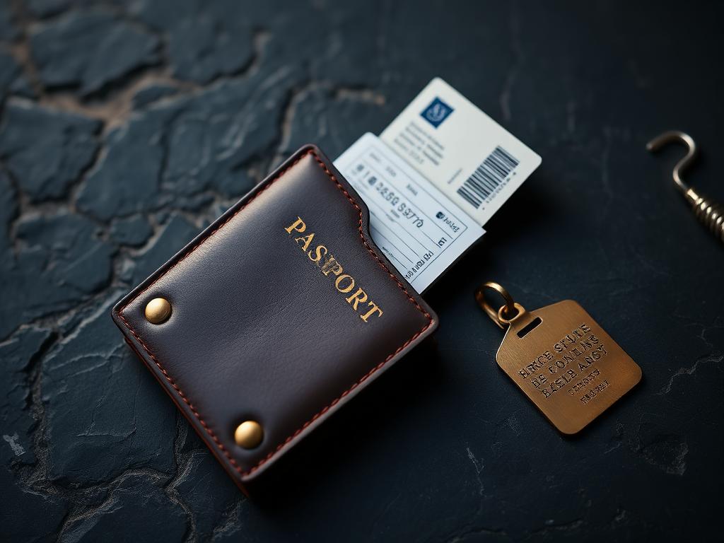Leather passport wallet, boarding-pass sleeve and brass luggage tag on navy stone