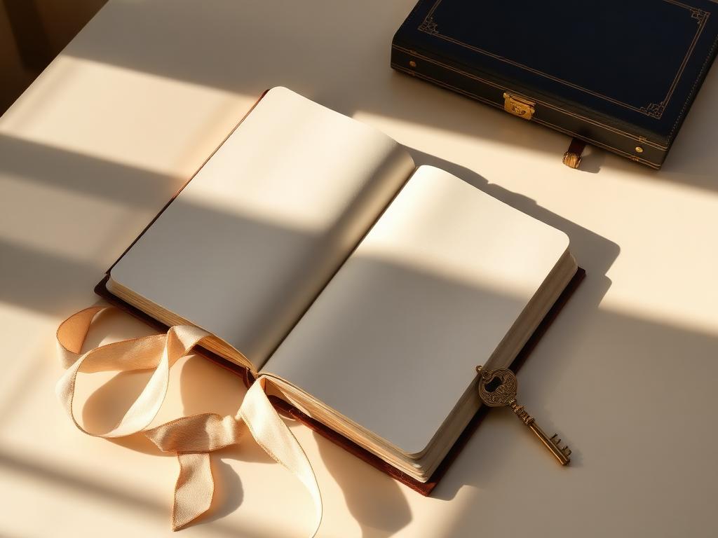 Open blank journal with linen ribbon and a brass key on an ivory desk