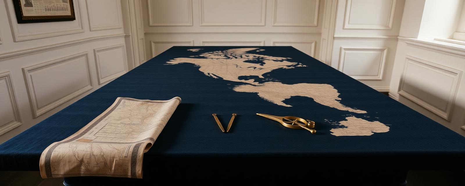 Antique map, brass dividers and compass arranged along a navy table