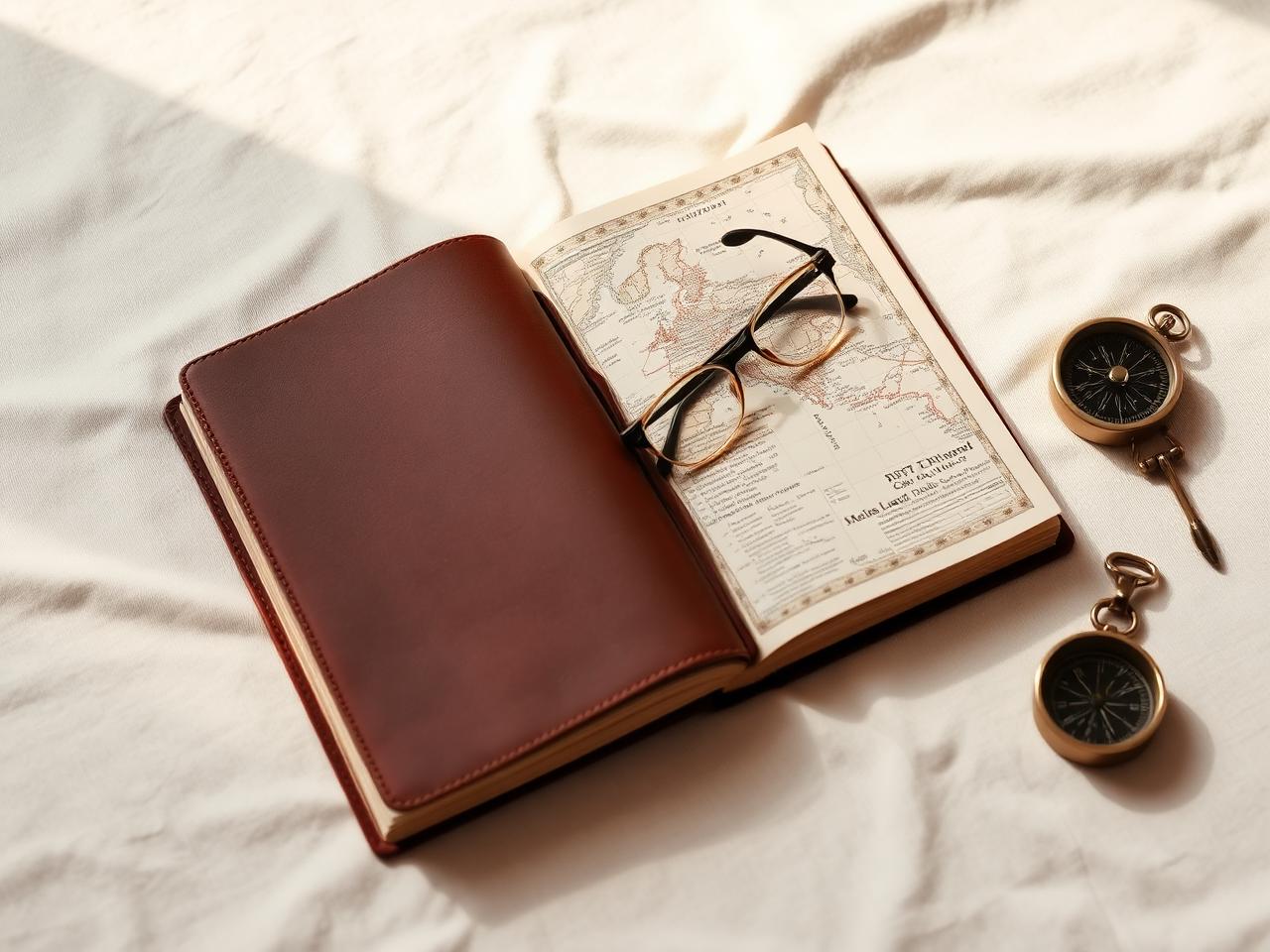 Open travel journal, map and compass on ivory linen