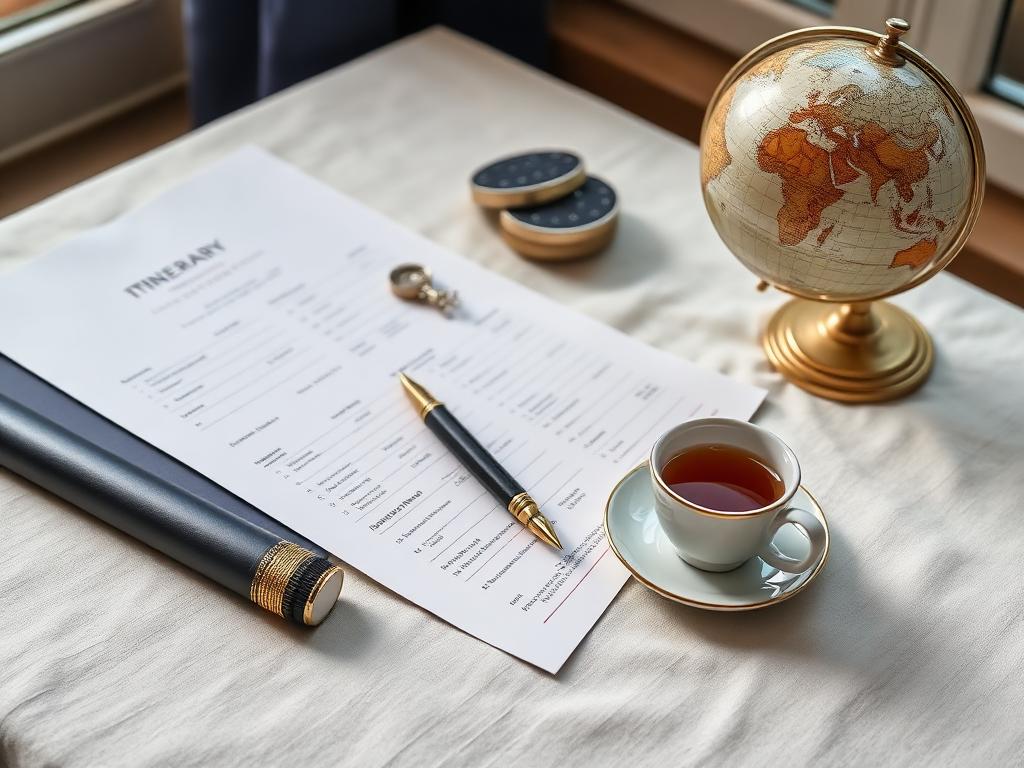 Itinerary papers, a fountain pen and a small brass globe on ivory linen