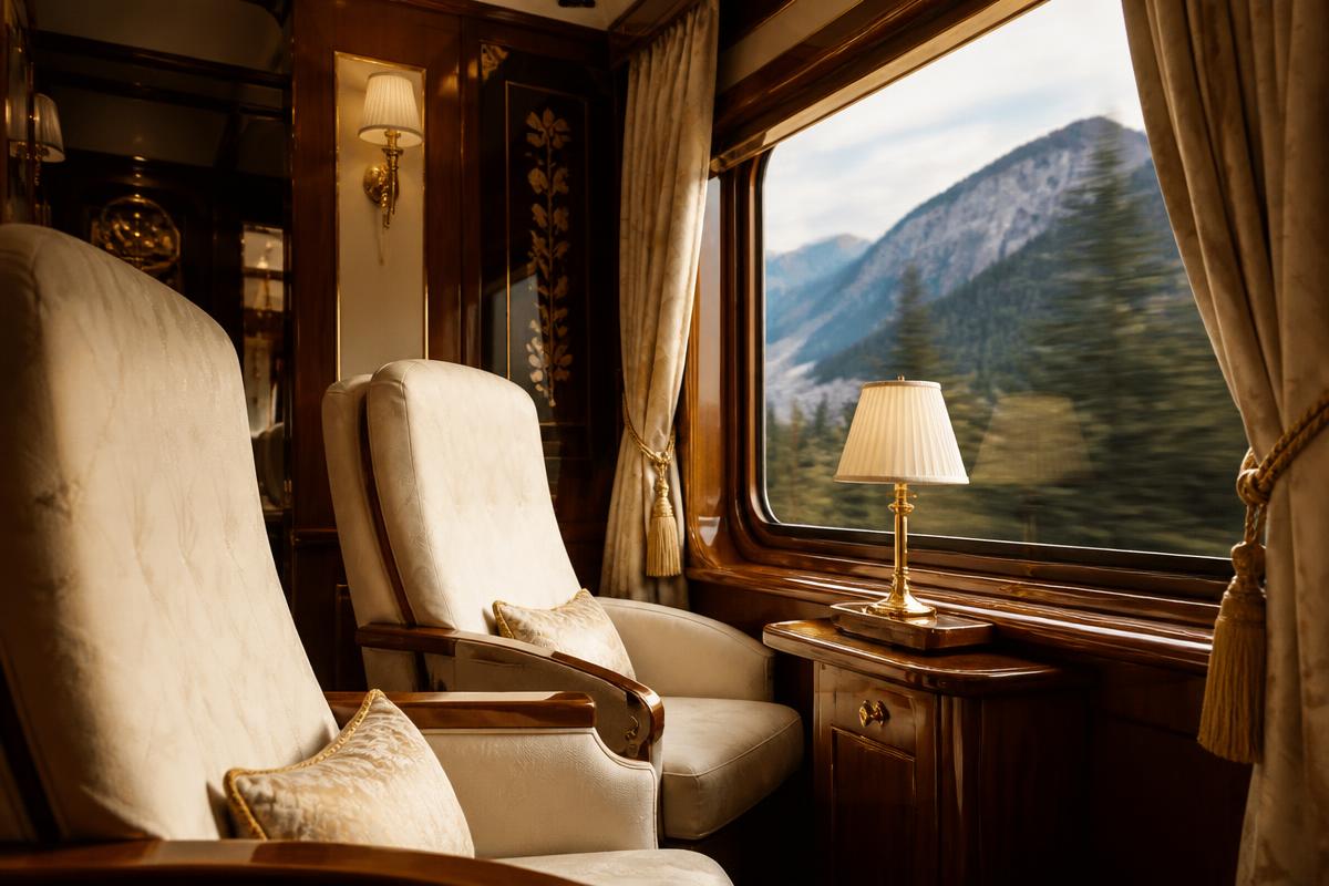 An elegant rail carriage interior with ivory seating, polished wood, and a mountain view.