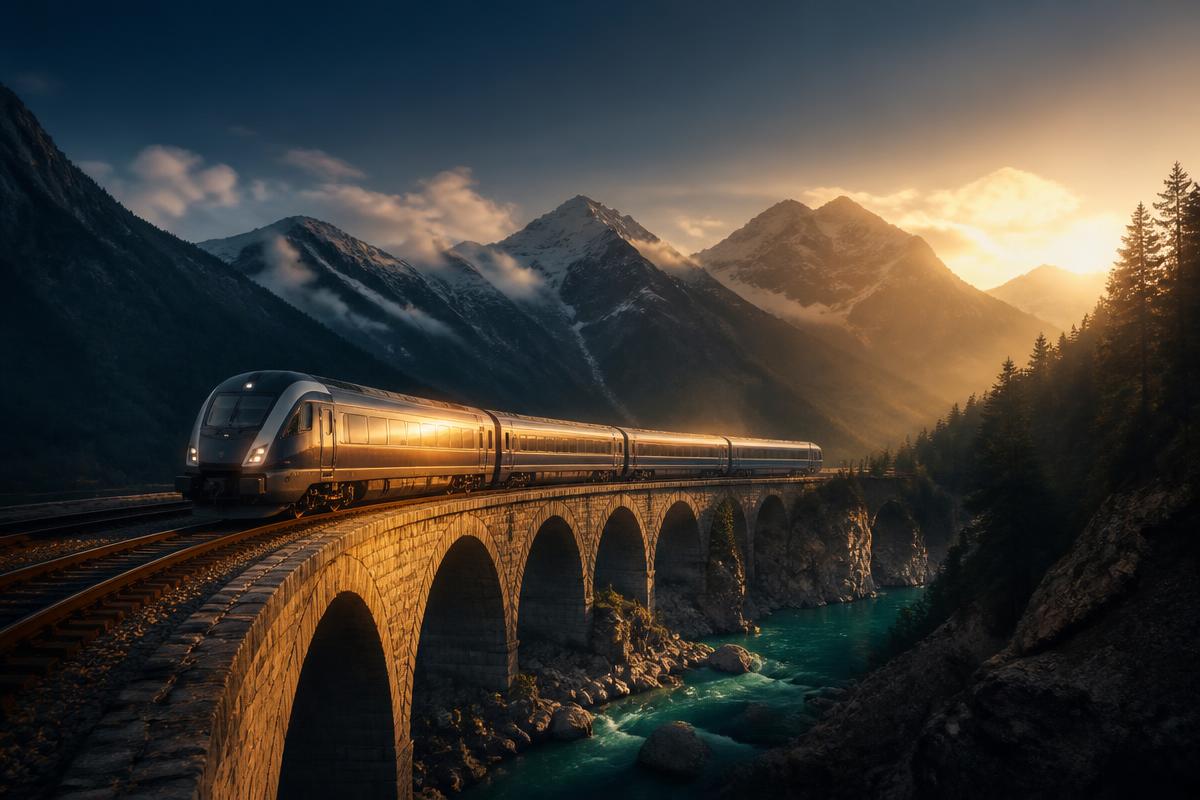 A modern passenger train crossing a stone mountain viaduct at golden hour.