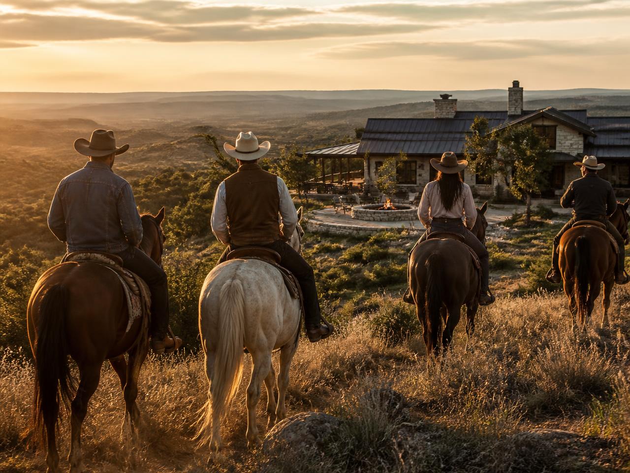 Riders on horseback approaching an upscale ranch lodge at golden hour.