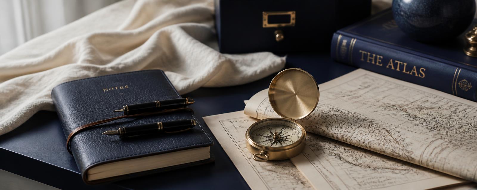 Brass compass, folded maps, and a navy leather notebook on an ivory desk