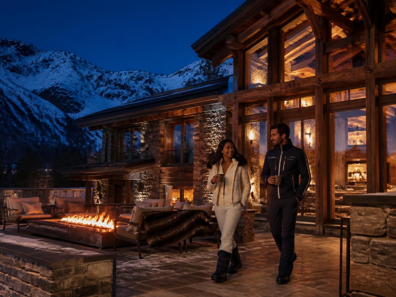 A couple in elevated ski wear walking toward a luxury mountain lodge at blue hour.