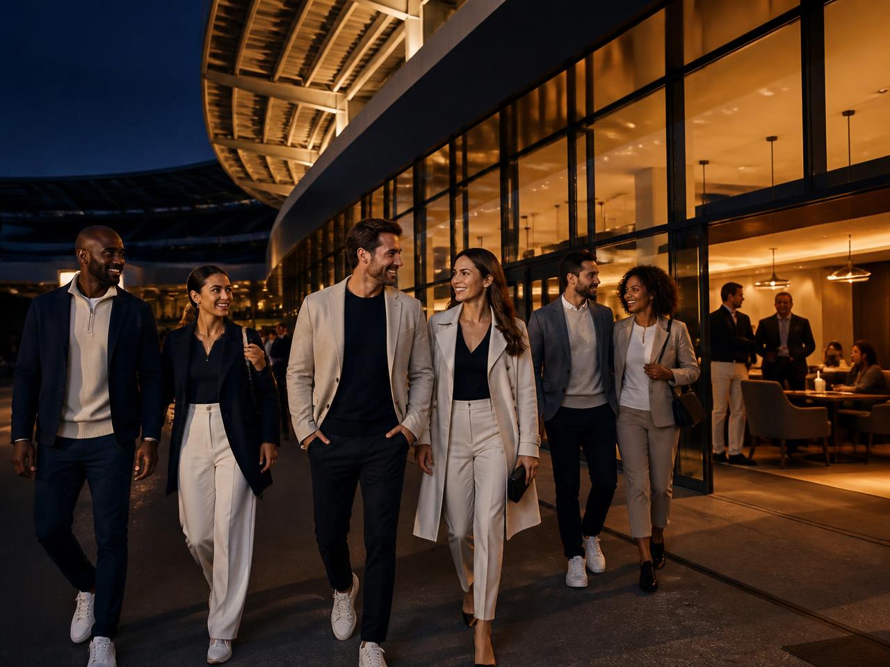 A stylish group of travelers arriving at a premium stadium hospitality entrance in the evening.
