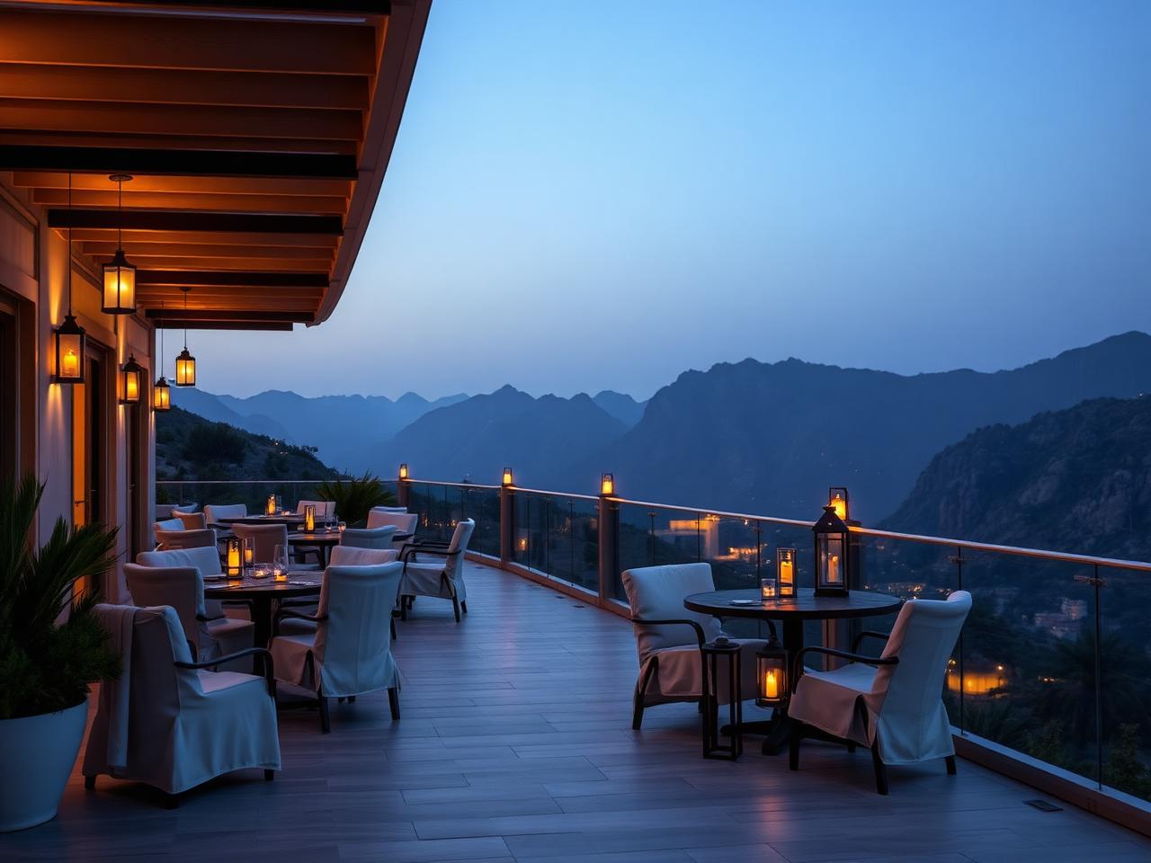 Lantern-lit hotel terrace overlooking mountains at dusk