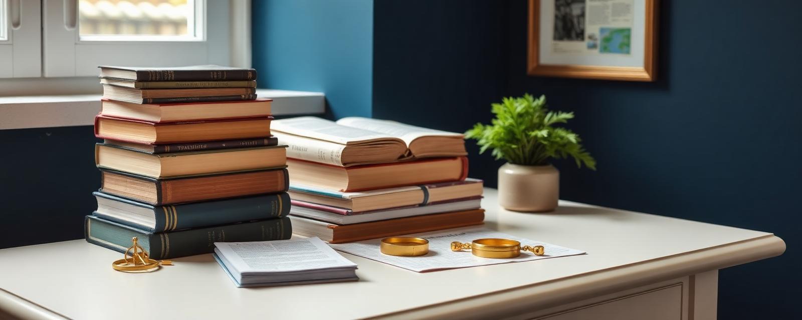 Stacked travel reference books, a brass compass and study notes on an ivory desk
