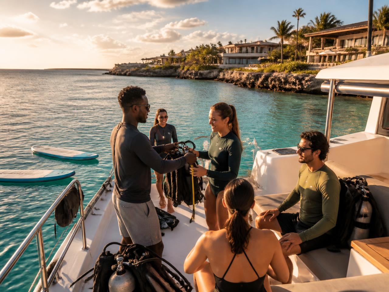 Travelers preparing for a guided dive from a private catamaran near an upscale coastal resort.